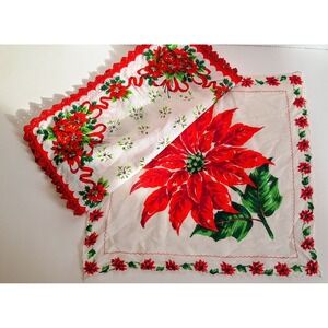 Lot of 2 vtg ladies xmas poinsettia hankys hankie 12 inch x 12 inch scallop edge